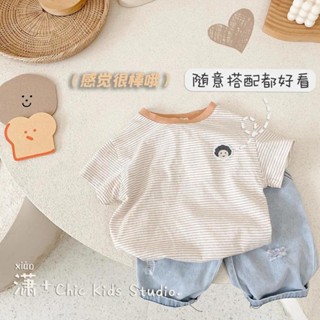 พร้อมส่ง เสื้อยืดแขนสั้นลําลอง คอกลม ผ้าฝ้ายแท้ ดูดซับเหงื่อ ระบายอากาศได้ดี พิมพ์ลายการ์ตูน สไตล์เกาหลี สําหรับเด็กผู้ชาย และเด็กผู้หญิง