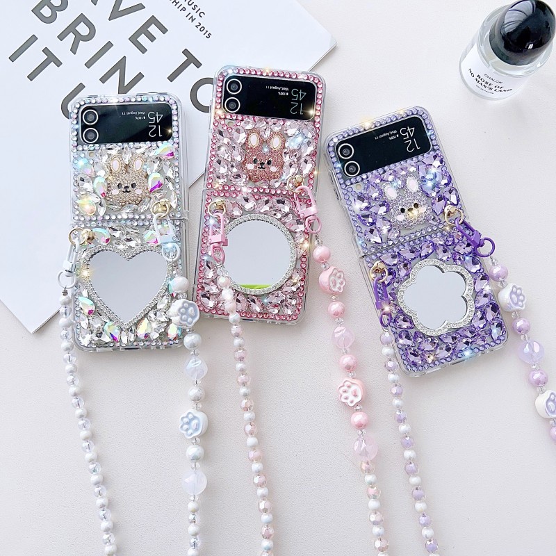 Full Diamond Rabbit Beauty Mirror Crossbody Chain Samsung Z Flip 34567 7FE เคสโทรศัพท์ Rhinestone Case OPPO FindN3Flip/N2Flip พับหน้าจอป้องกันกรณีแฟชั่น Diamond-Studded