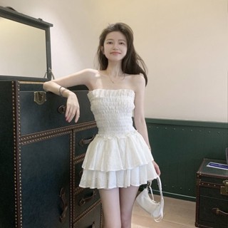 เดรสยาวสีขาว เดรสยาวออกงาน เดรสยาวไปทะเล ชุดเดรสกระโปรง เกาะอกเซ็กซี่ สีขาวล้วน แฟชั่นฤดูร้อน สําหรับเด็กผู้หญิง