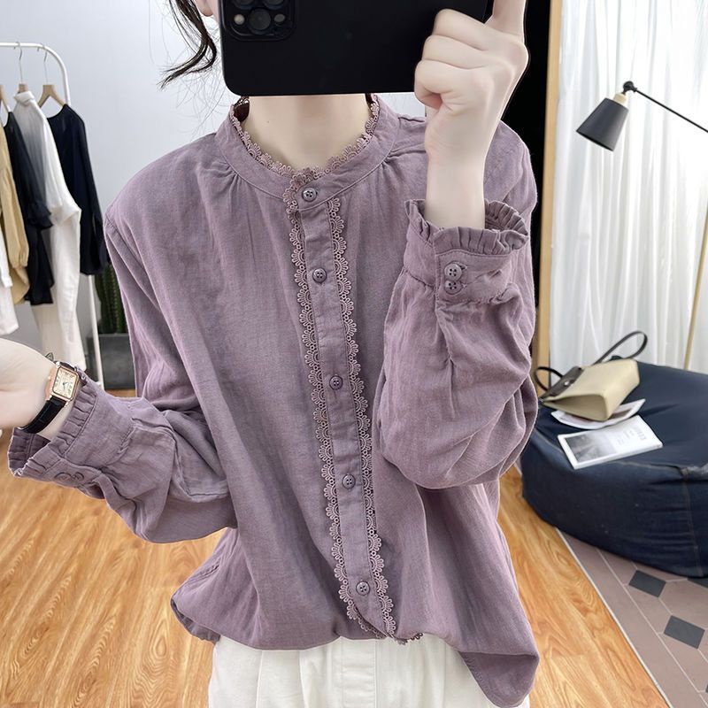 เสื้อเชิ้ตแขนยาว ผ้าฝ้าย ทรงหลวม แต่งลูกไม้ สไตล์จีน สําหรับผู้หญิง