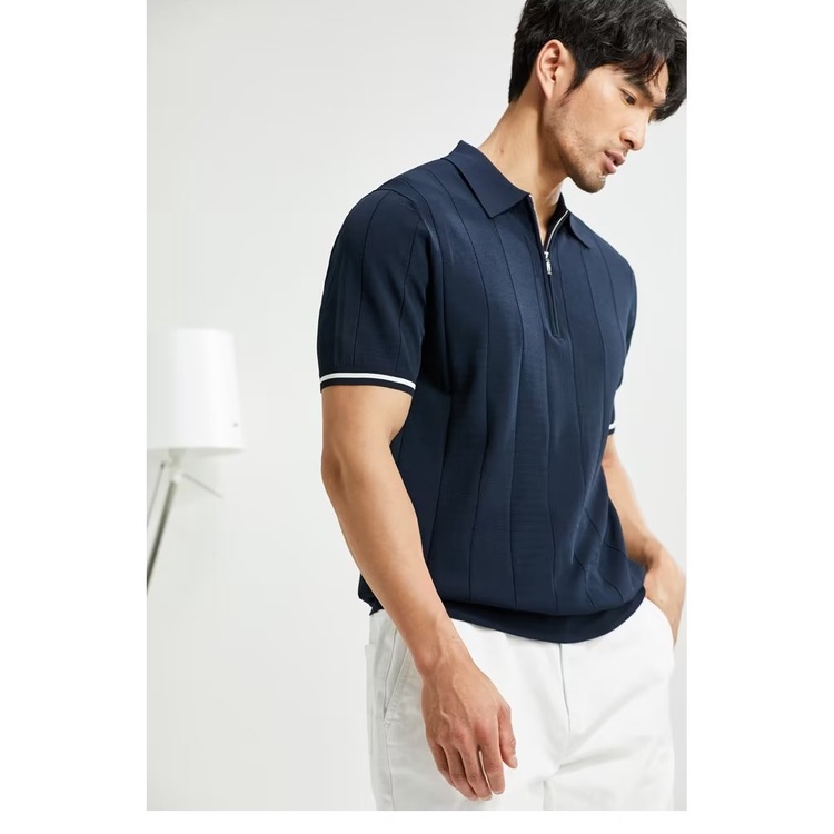 เกาหลีแสงหรูหราถักผ้าไหมน้ําแข็งเสื้อโปโลผู้ชายแสงผู้ใหญ่สไตล์ครึ่งซิปปกครึ่งแขนสลิมฟิตด้านบนเสื้อผ้าPa - รูปที่ 3