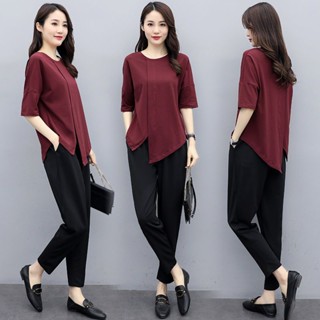 【40-100KG】 Women Short Sleeve Tshirt + Black Trouser Set 2pcs Casual Sets C10087