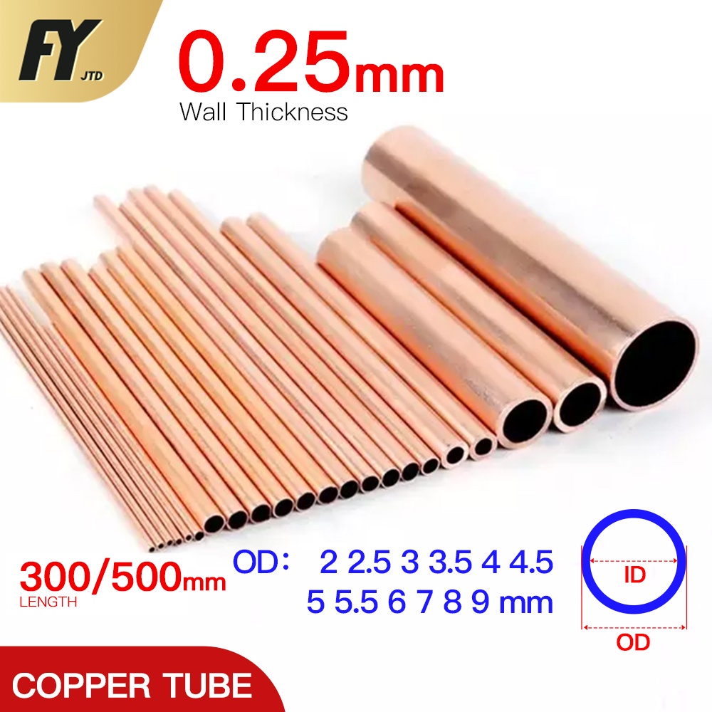 Fuyi ท่อทองแดง หนา 0.25 มม. ยาว 300 500 มม. OD 2 2.5 3 3.5 4 4.5 5 5.5 6 7 8 9 10 มม.
