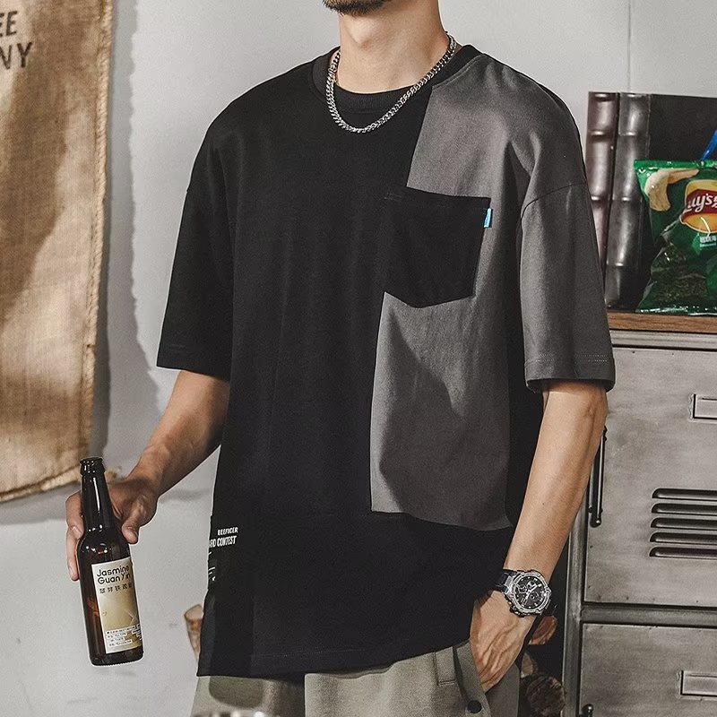 เสื้อยืดลําลอง คอกลม แขนสั้น ทรงหลวม มีกระเป๋า สีตัดกัน สําหรับผู้ชาย