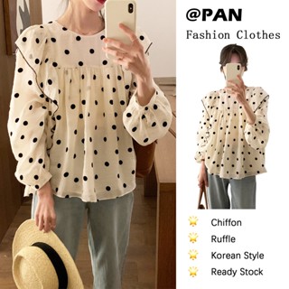 【PAN】Ready Stock Ladies Shirts Loose Ruffle Long Sleeves Puffy Sleeve Chiffon Dotted White Women Casual Tops Shirts