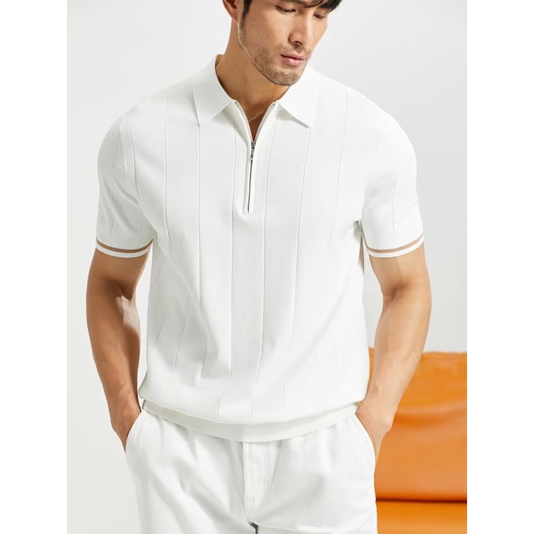 เกาหลีแสงหรูหราถักผ้าไหมน้ําแข็งเสื้อโปโลผู้ชายแสงผู้ใหญ่สไตล์ครึ่งซิปปกครึ่งแขนสลิมฟิตด้านบนเสื้อผ้าPa