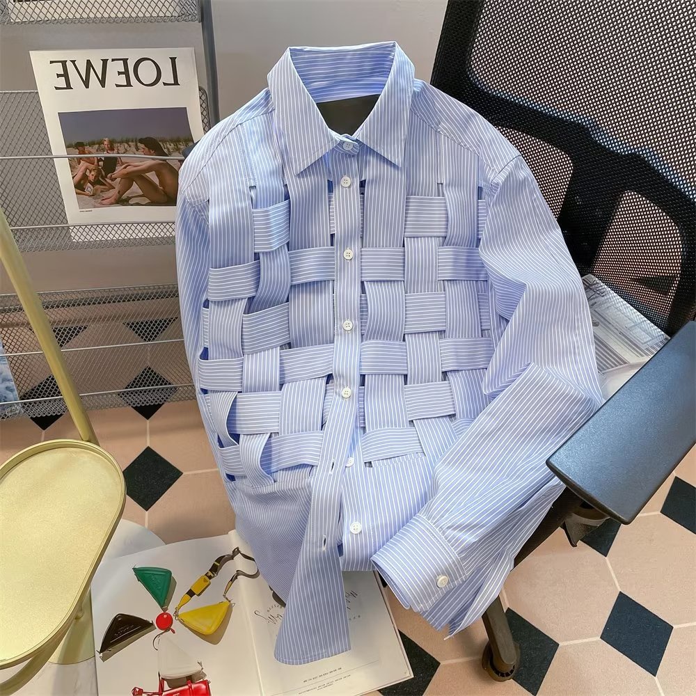 สีฟ้าลายเสื้อออกแบบความรู้สึกซอกเก๋ทอลายสก๊อตลายเสื้อผู้ชายผู้หญิงฤดูใบไม้ผลิเก๋สไตล์ฮ่องกงฝรั่งเศสแขนยาวด้านบนแจ๊กเก็ต