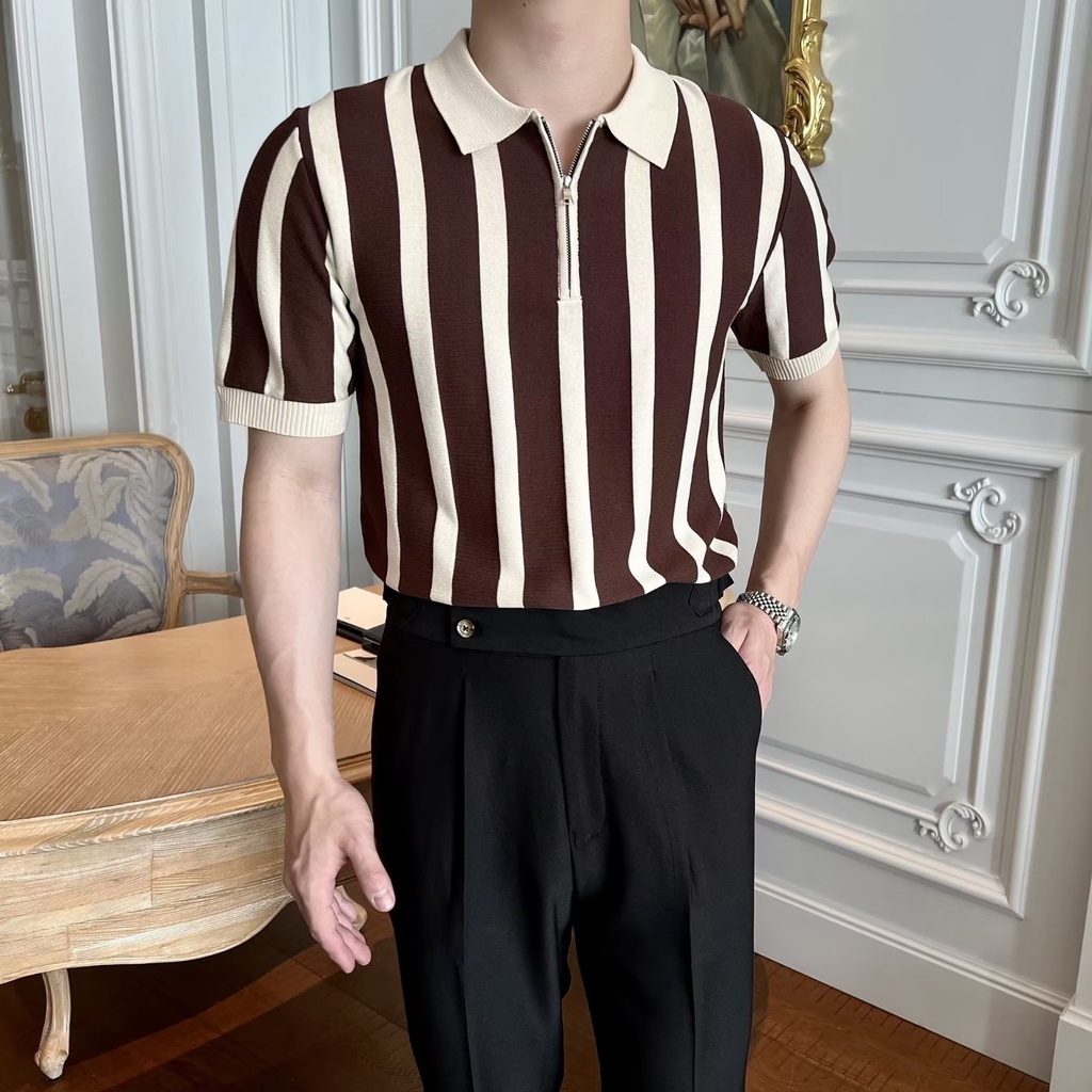 เกาหลีเกาหลีถักผ้าไหมน้ําแข็งครึ่งซิปlapelลายครึ่งแขนเสื้อยืดผู้ชายlapelครึ่งแขนเสื้อโปโลสูง @-