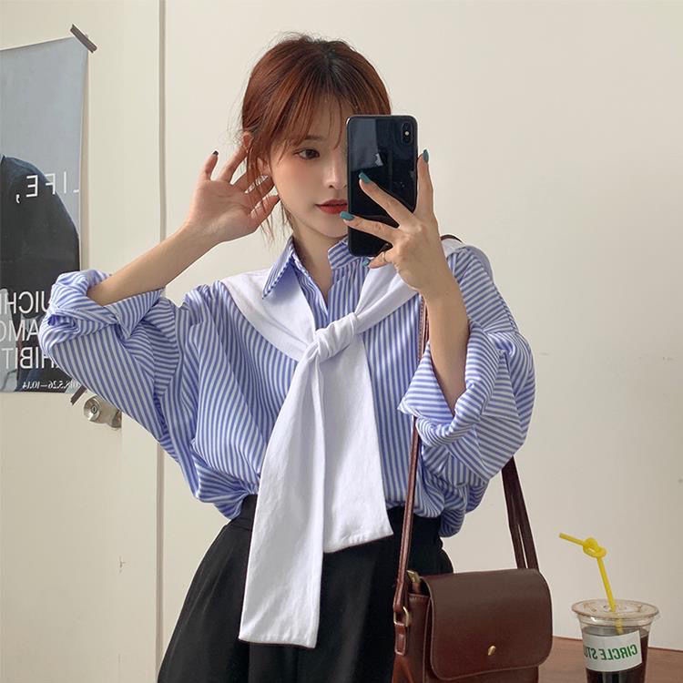 Shine ใหม่ เสื้อเชิ้ตแขนยาว ลายทาง ทรงหลวม สไตล์ฮ่องกง แฟชั่นฤดูใบไม้ผลิ สําหรับผู้หญิง 2023