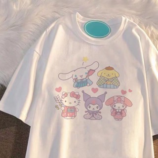 Sanrio เสื้อยืดแขนสั้น ผ้าฝ้ายแท้ ทรงหลวม ลายสุนัขคุโรมิ ชินนาม่อนน่ารัก โอเวอร์ไซซ์ สไตล์ญี่ปุ่น แฟชั่นฤดูร้อน สําหรับผู้หญิง