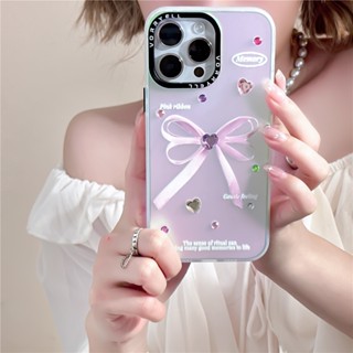 [ins Pink Ribbon Bow Sticker Diamond Laser Vitality Case] เคสโทรศัพท์มือถือ สําหรับ iPhone14pro 13 12 pro max 11