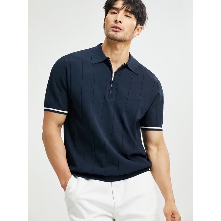 เกาหลีแสงหรูหราถักผ้าไหมน้ําแข็งเสื้อโปโลผู้ชายแสงผู้ใหญ่สไตล์ครึ่งซิปปกครึ่งแขนสลิมฟิตด้านบนเสื้อผ้าPa - รูปที่ 2