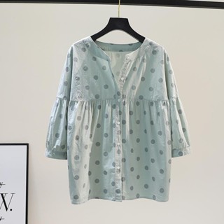 เสื้อเชิ้ตคอกลม แขนสามส่วน ผ้าฝ้ายแท้ ลายจุด ทรงหลวม สําหรับผู้หญิง