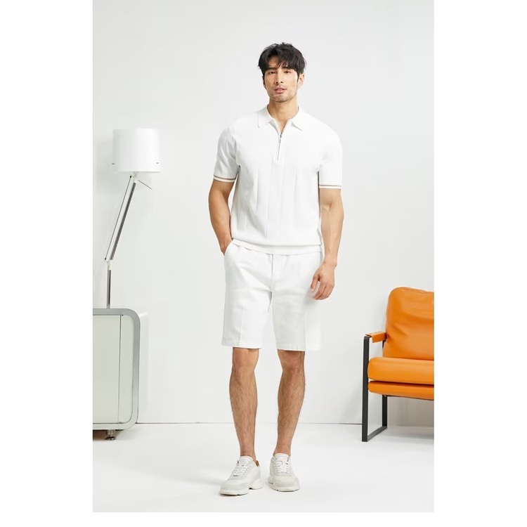 เกาหลีแสงหรูหราถักผ้าไหมน้ําแข็งเสื้อโปโลผู้ชายแสงผู้ใหญ่สไตล์ครึ่งซิปปกครึ่งแขนสลิมฟิตด้านบนเสื้อผ้าPa - รูปที่ 7