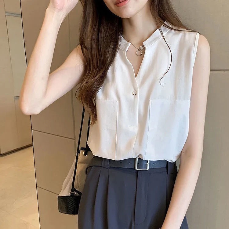 เสื้อเชิ้ตแขนกุด ผ้าชีฟอง ทรงหลวม สีขาว สไตล์เกาหลี แฟชั่นสําหรับสตรี CYDX