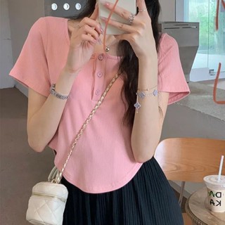ใหม่ เสื้อยืดแขนสั้น คอยู ผ้าเรยอน แบบบาง สีชมพู แฟชั่นเกาหลี