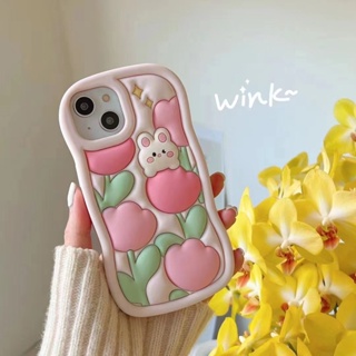 เคสโทรศัพท์มือถือ ซิลิโคนนิ่ม กันกระแทก ลายดอกทิวลิป กระต่าย 3d สามมิติ สําหรับ iPhone14 13 12 11 Pro MAX