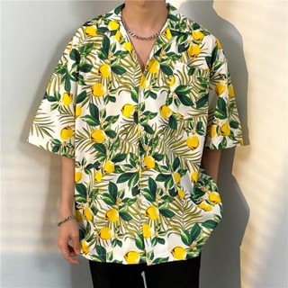 เสื้อเชิ้ตฮาวาย แขนสั้น พิมพ์ลายดอกไม้ ใบไม้ มะนาว สไตล์เกาหลีย้อนยุค ชายหาด วันหยุด สําหรับผู้ชาย ผู้หญิง M-XXXL
