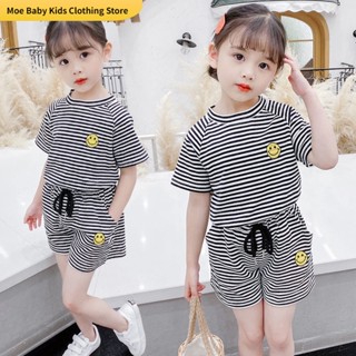 [พร้อมส่ง] ชุดเสื้อแขนสั้น ลายทาง สไตล์เกาหลี แฟชั่นฤดูร้อน สําหรับเด็กผู้หญิง 1-11 ปี