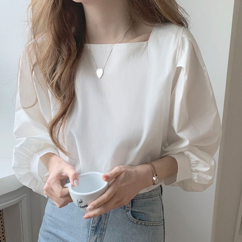 เสื้อเชิ้ตแขนกระดิ่ง คอสี่เหลี่ยม ทรงหลวม สีพื้น แบบเรียบง่าย แฟชั่นสไตล์เกาหลี สําหรับผู้หญิง