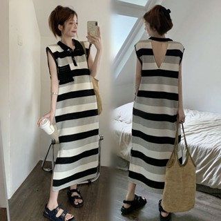 【Polo Dress Oversized】ชุดเดรส แขนกุด ลายทาง พลัสไซซ์ แฟชั่นเกาหลี (40-150 กก.)