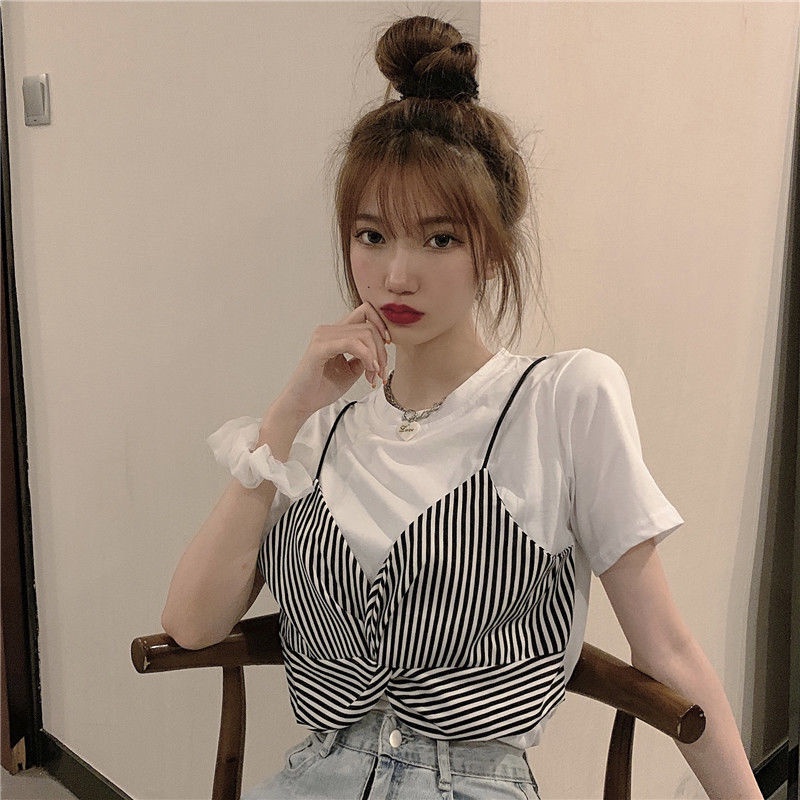 Classy .girl～ประกบกันผีเสื้อปมเสื้อยืดแขนสั้นลายทาง#DZ00107