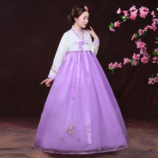 ใหม่ Hanfu แบบดั้งเดิม Hanfu Korean Dress สีขาวด้านบน กระโปรงยาวสีม่วง กระโปรงยาวปัก Hanfu Korean Festival Dress