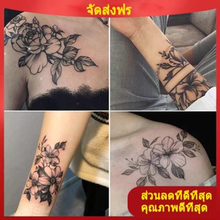 tattoo กันน้ํา 15 วัน สติกเกอร์รอยสักลายดอกไม้ธรรมดากันน้ำสำหรับผู้หญิงติดทนนานสไตล์ ins สีดำแขนเซ็กซี่รอยสักรูปใหญ่จำลองกระดาษ