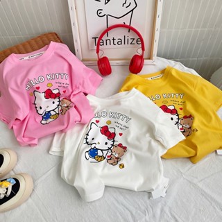 [CikiBaby] เสื้อยืดแขนสั้น ผ้าฝ้ายแท้ พิมพ์ลาย Hello Kitty ทรงหลวม แฟชั่นฤดูร้อน สําหรับเด็กผู้หญิง