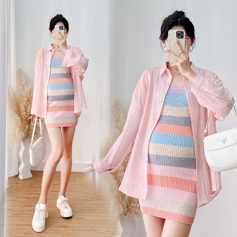 ชุดคลุมท้อง ฤดูใบไม้ผลิสวมใส่ ผอมลง ดูครีมกันแดดคาร์ดิแกน+สายรุ้งลายเสื้อกั๊กกระโปรงสองชิ้น บาง-พอดี สะโพกบรรจุกระโปรงชุดคลุมท้องถักเกาหลีคลอดบุตร แม่ ชุดแฟ