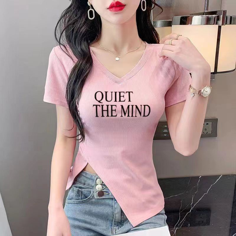 [แนะนํา] เสื้อยืดแขนสั้น คอวี ทรงไม่สมมาตร สีชมพู แฟชั่นฤดูร้อน สําหรับผู้หญิง