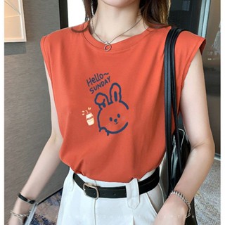 ใหม่ เสื้อยืด แขนกุด พิมพ์ลายการ์ตูน ทรงหลวม ขนาดใหญ่ สีส้ม แฟชั่นสําหรับผู้หญิง