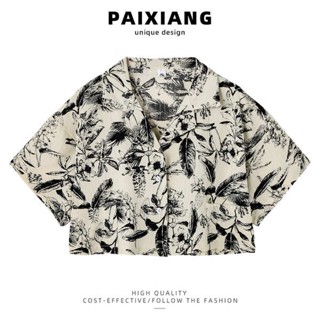 เสื้อน่ารัก PAIXIANG เสื้อเชิ้ตแขนสั้นพิมพ์ลายหมึกพิมพ์ลายสำหรับผู้หญิงเสื้อเชิ้ตตัวสั้นทรงหลวมแบบใหม่ฤดูร้อนปี2023