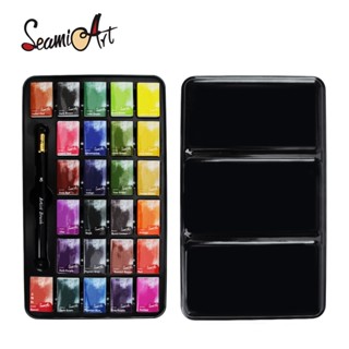 Seamiart ชุดกล่องดีบุกสีน้ํา 26 สี พร้อมแปรงทาสี แบบพกพา 1 ชิ้น