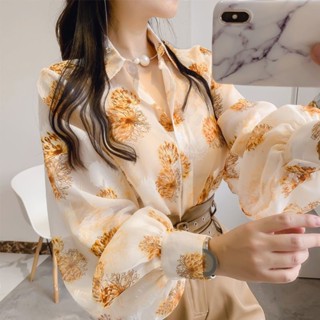 เสื้อเชิ้ตแขนทรงโคมไฟ คอวี ผ้าชีฟอง พิมพ์ลาย ทรงหลวม ลําลอง สําหรับผู้หญิง