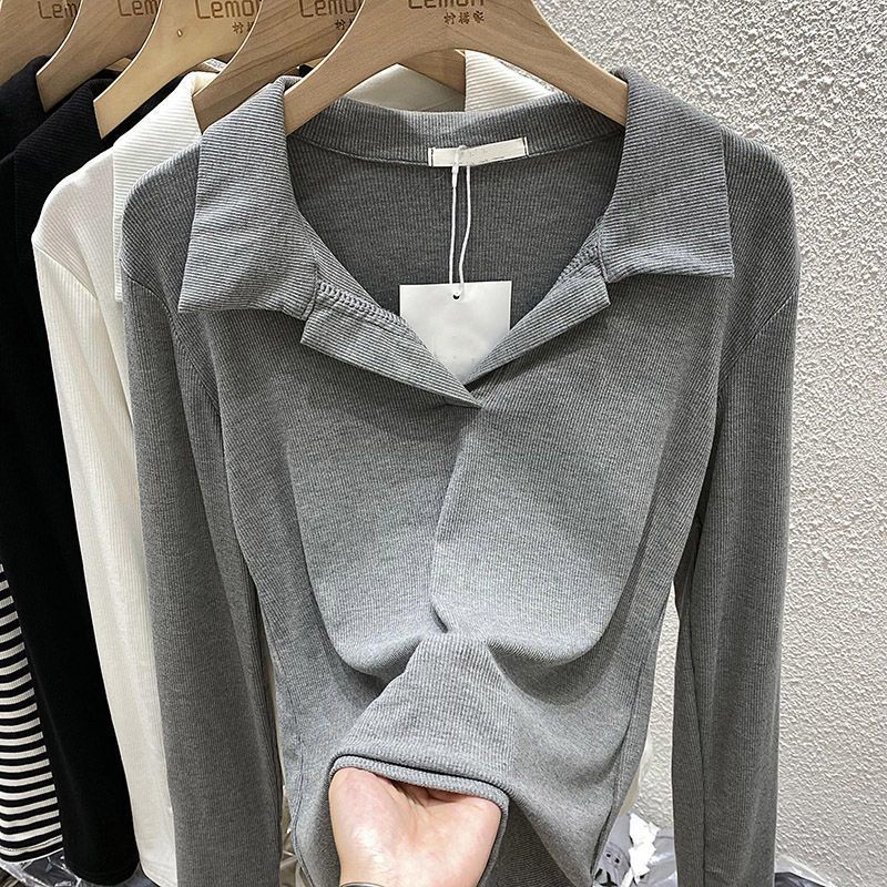 ใหม่ เสื้อยืดโปโล แขนยาว ลายทาง สีเทา แฟชั่นเกาหลี ยืดหยุ่น ใส่สบาย สําหรับผู้หญิง