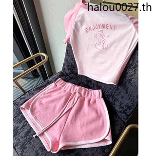เสื้อยืดแขนสั้น เปิดไหล่ กางเกงขาสั้น พิมพ์ลายหมี สีชมพู สีตัดกัน สําหรับผู้หญิง
