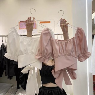 [ขายดี] เสื้อเชิ้ตแขนสั้น เปิดหลัง ประดับโบว์ ผูกเชือก แฟชั่นฤดูร้อน สําหรับผู้หญิง 2023