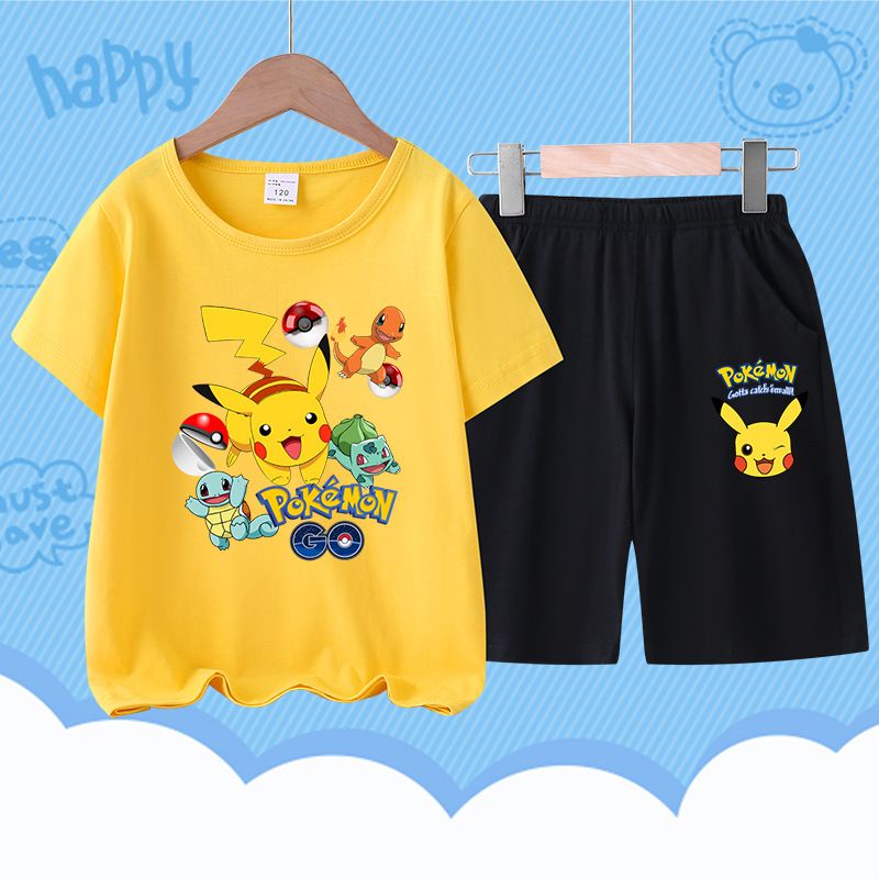 เสื้อยืดแขนสั้น ผ้าฝ้าย 100% พิมพ์ลายโปเกม่อน ปิกาจู กางเกงขาสั้น แฟชั่นฤดูร้อน สําหรับเด็กผู้ชาย อายุ 3-14 ปี