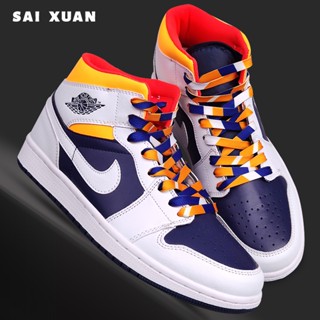 Air air AJ1 เชือกผูกรองเท้า ข้อสูง สีน้ําเงินกรมท่า ขาว เหลือง น้ําเงินเข้ม สามสี AF1 หมายเลขกองทัพอากาศ 1 ผู้ชาย ผู้หญิง อุปกรณ์เสริม