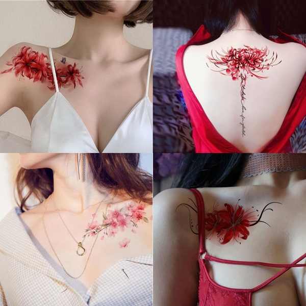 tattoo กันน้ํา 15 วัน สติกเกอร์รอยสักกันน้ำและติดทนนานบุคลิกภาพ Manjushua ดอกไม้อีกด้านหนึ่งดอกซากุระสดเซ็กซี่ไหปลาร้าข้อเท้า