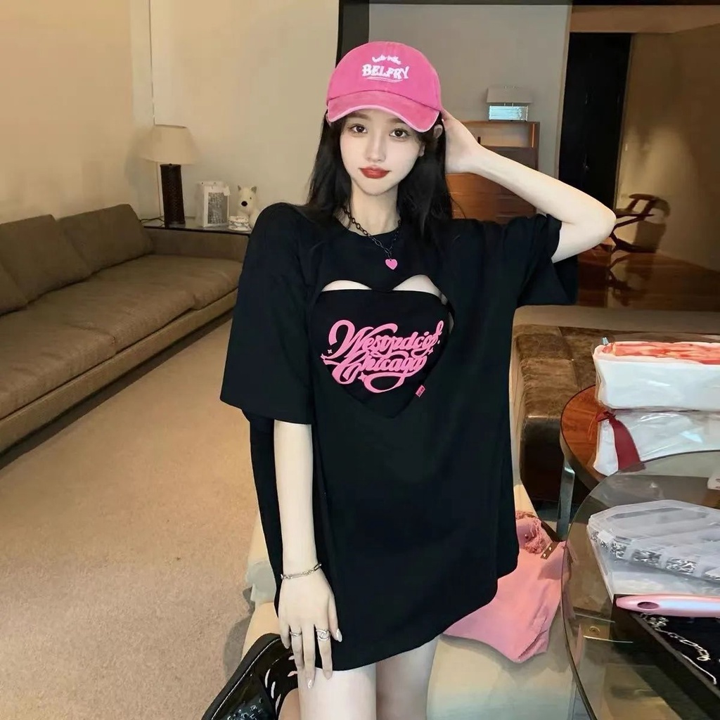 ชุดเสื้อยืดแขนสั้น พิมพ์ลายตัวอักษร และหัวใจ ทรงหลวม ฉลุลาย แฟชั่นฤดูร้อน สําหรับผู้หญิง และนักเรียน