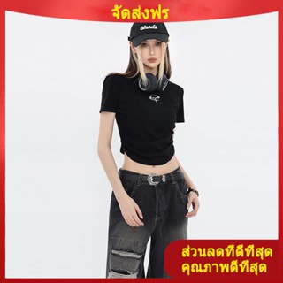 เสื้อแขนสั้น ผ้าฝ้าย ทรงสลิมฟิต สวมใส่สบาย เสื้อแขนยาวสไตล์อเมริกัน oversize หวานเผ็ดสะดือรัดรูปเสื้อสั้นสำหรับผู้หญิง ins เสื้อยืดแขนสั้นไหล่