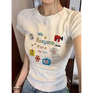 [พร้อมส่ง] เสื้อยืดแขนสั้น เปิดไหล่ เข้ารูป พิมพ์ลาย แฟชั่นฤดูร้อน สไตล์อเมริกัน สําหรับผู้หญิง