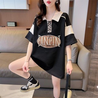 เสื้อโปโล ปักลายตัวอักษร วาฟเฟิล ทรงหลวม แฟชั่นฤดูร้อน สําหรับผู้หญิง