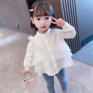 [CikiBaby] เสื้อเชิ้ตแขนยาว ผ้าตาข่าย สีขาว สําหรับเด็กผู้หญิง