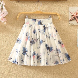 พร้อมส่ง~[โปรโมชั่น] กระโปรงพลีท ผ้าชีฟอง เอวยางยืด ทรงเอ พิมพ์ลายสามชั้น สไตล์เกาหลี