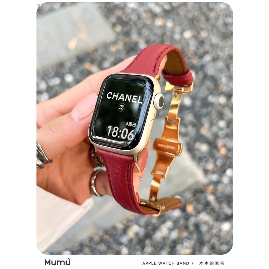 Mumu iwatch สายรัดเอวเล็กหนังแท้หัวเข็มขัดผีเสื้อเหมาะสําหรับ applewatch Apple Watch/S8/7/SE