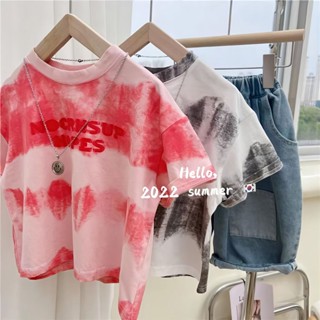 พร้อมส่ง~[โปรโมชั่น] เสื้อแขนสั้น พิมพ์ลายตัวอักษร สีย้อม สไตล์เกาหลี สําหรับเด็กผู้ชาย และเด็กผู้หญิง