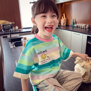 [CikiBaby] เสื้อยืดแขนสั้น ผ้าฝ้าย ลายทาง สีคอนทราสต์ แฟชั่นฤดูร้อน สไตล์เกาหลี สําหรับเด็กผู้หญิง